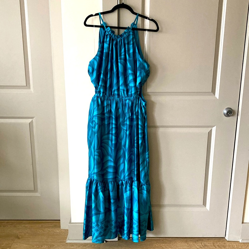 Satin Tropical Dress with side cutouts. Size 16